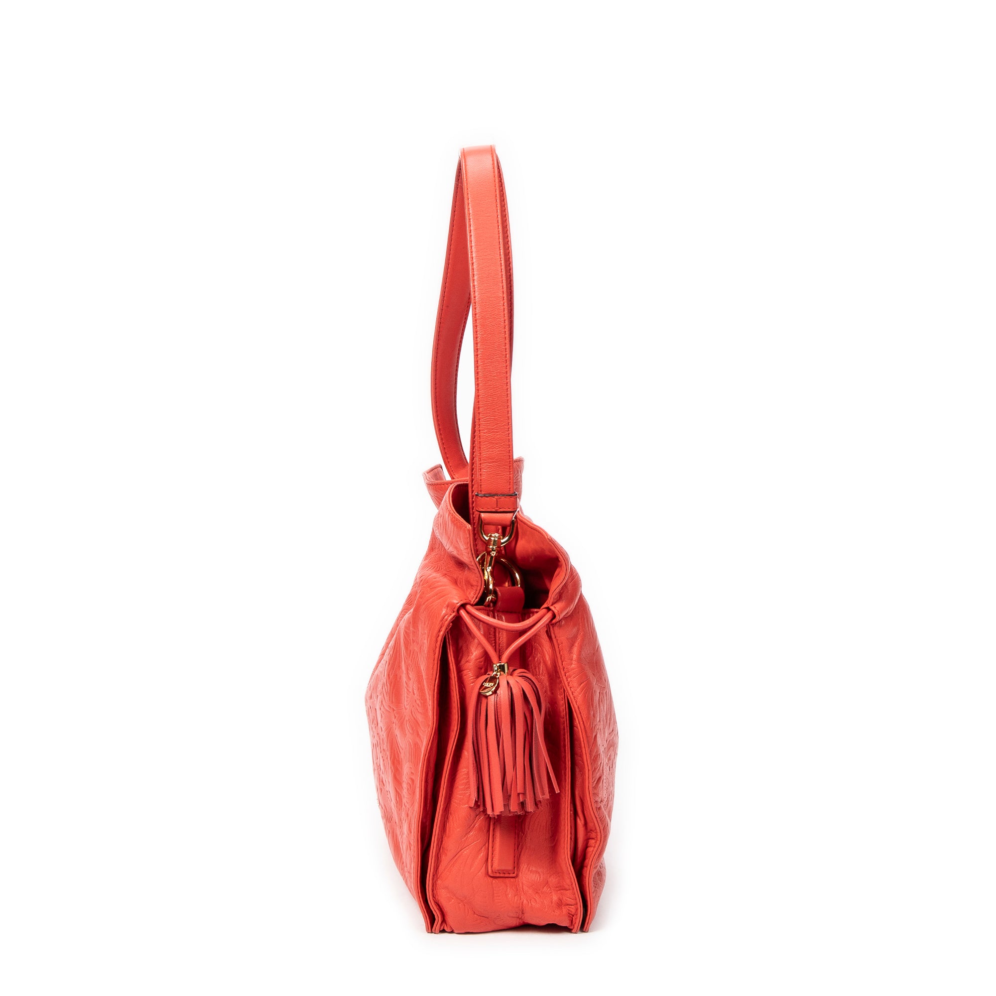 Shoulder Bag Small Tassel Flamenco Orange Embossed Calfskin Leather