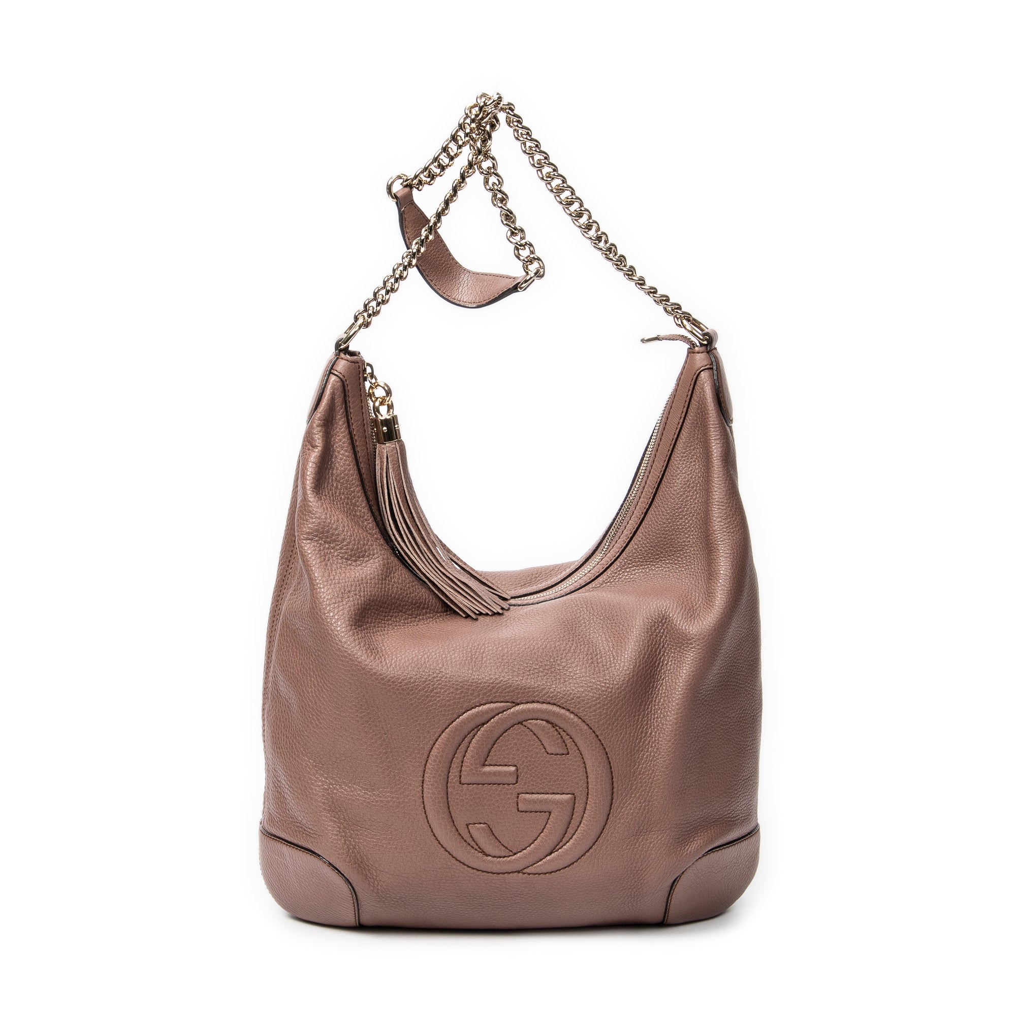 Bolso de hombro Soho con cadena, borla y piel de becerro granulada beige