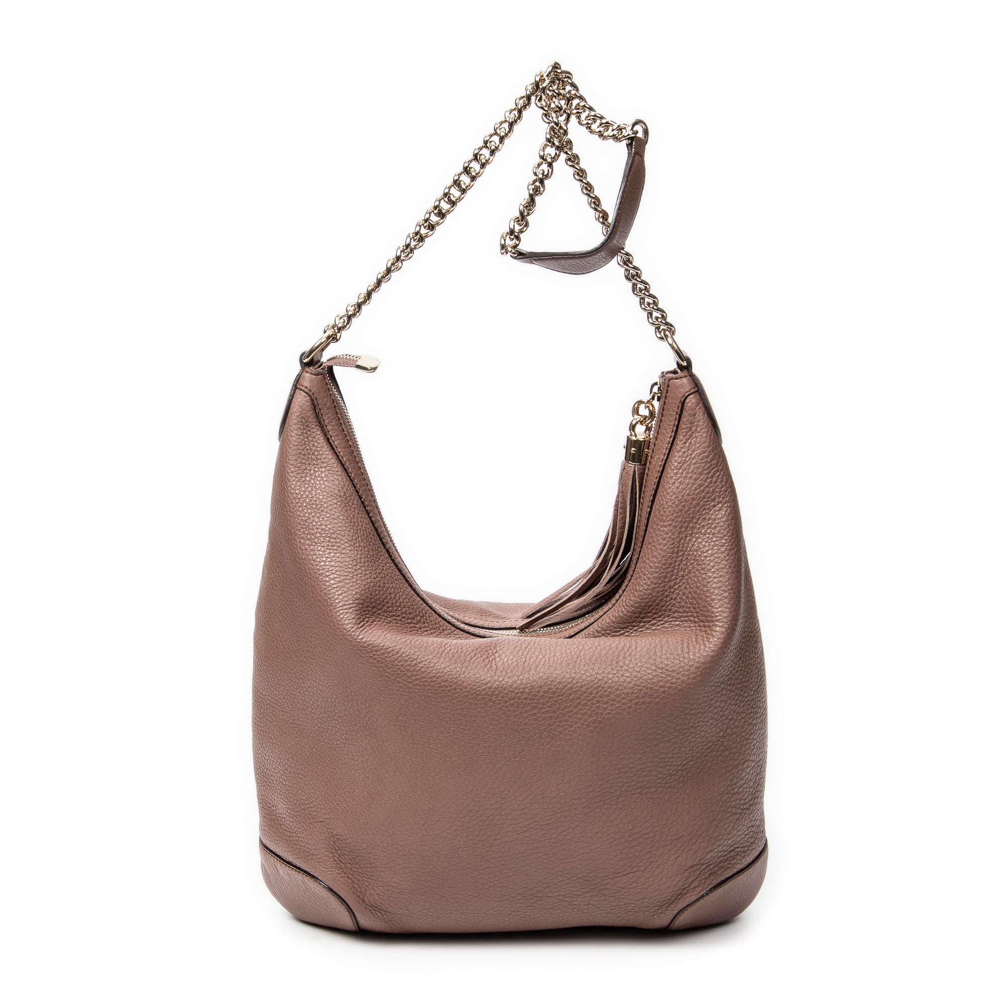 Bolso de hombro Soho con cadena, borla y piel de becerro granulada beige