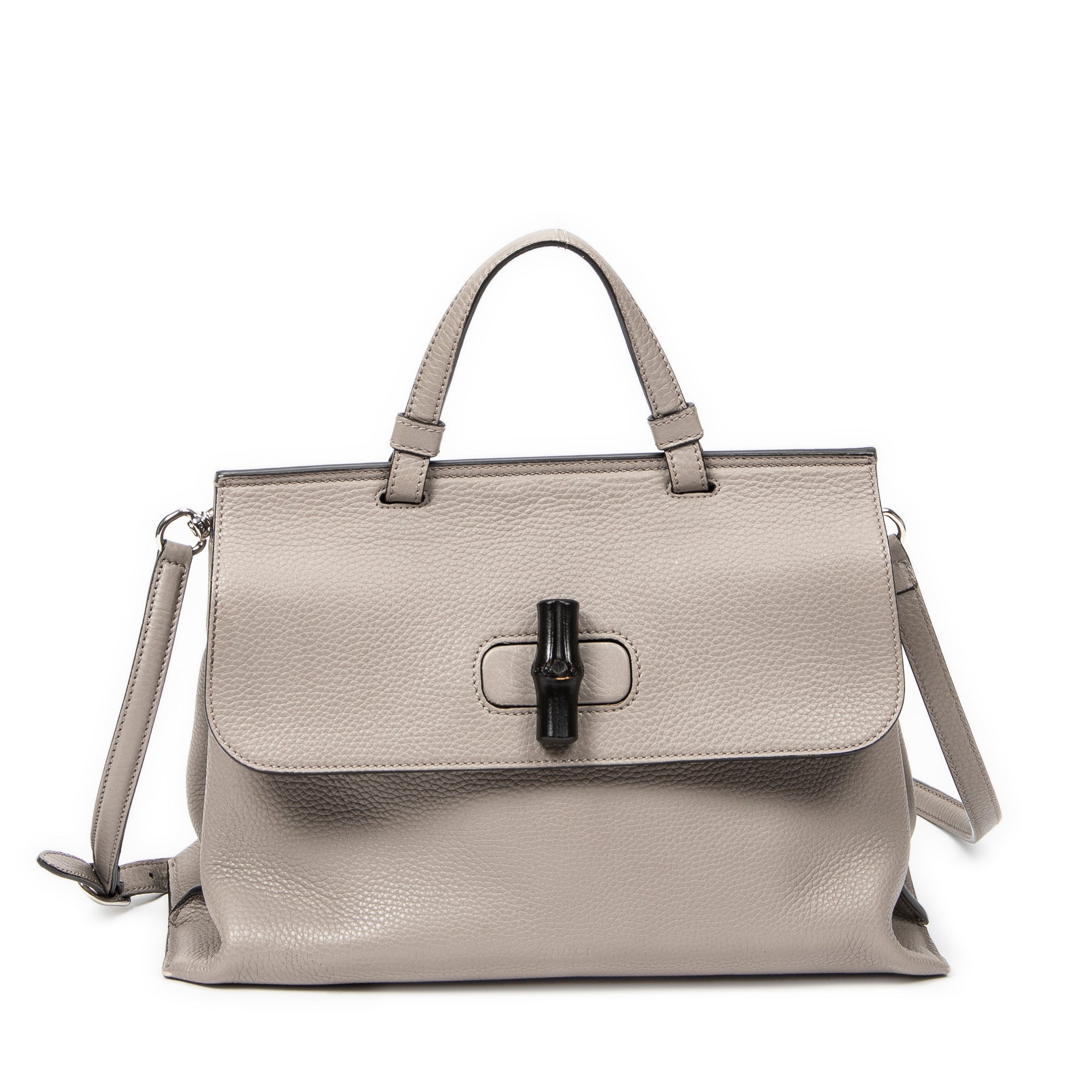 Bolso de hombro mediano de bambú, asa superior diaria, piel de becerro granulada gris