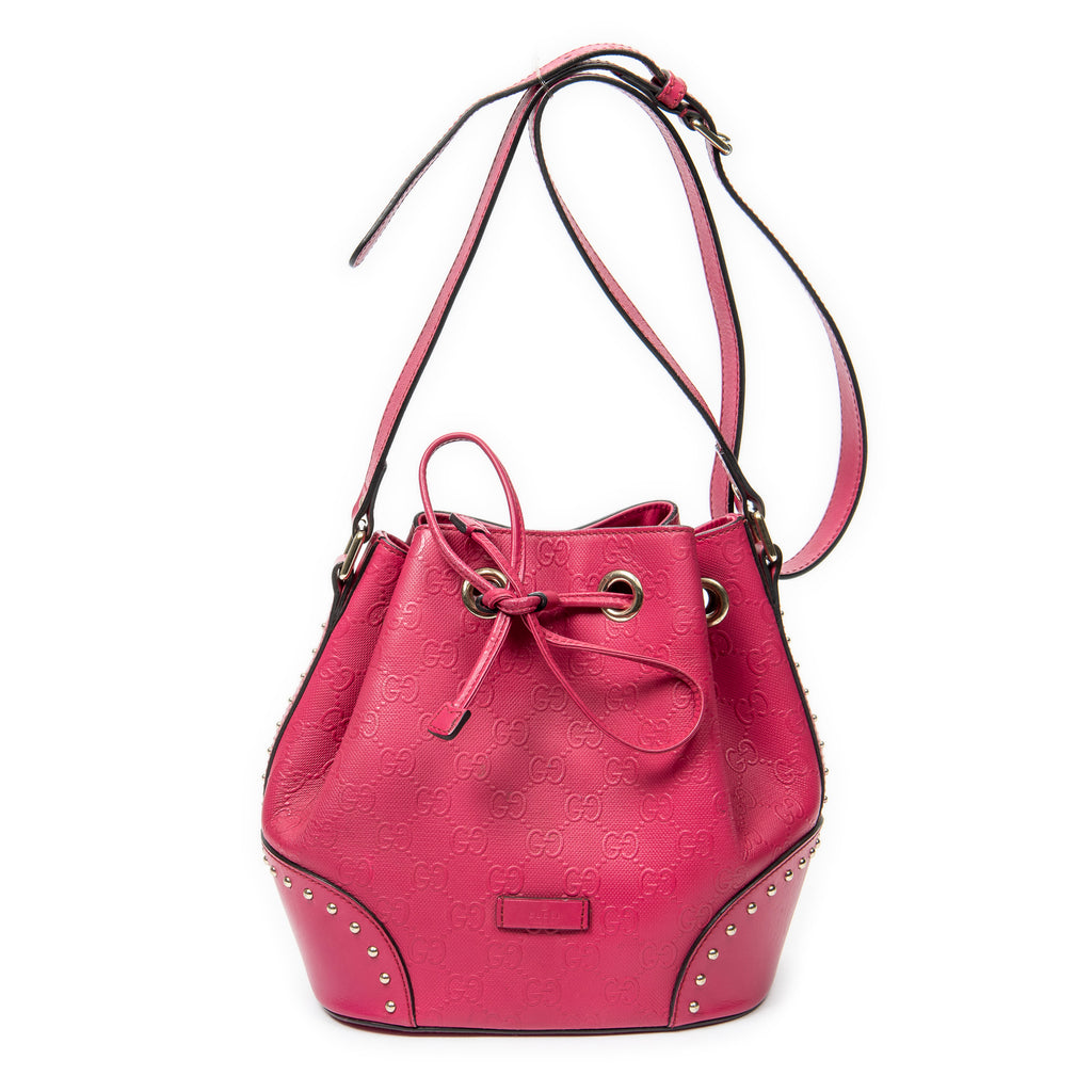 Shoulder Bag Small Drawstring Bucket Bag Fuchsia Pink Diamante GG Leather