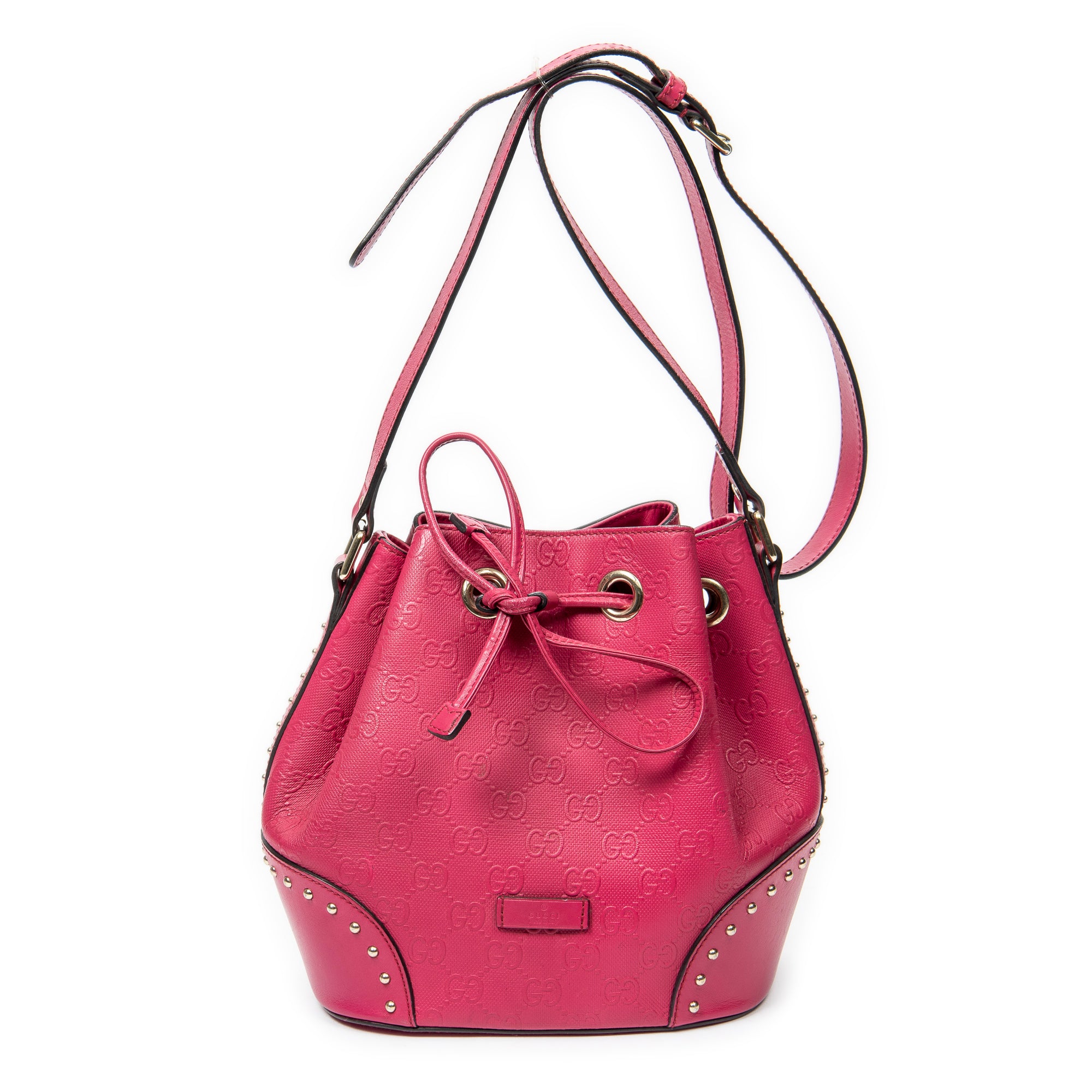 Shoulder Bag Small Drawstring Bucket Bag Fuchsia Pink Diamante GG Leather