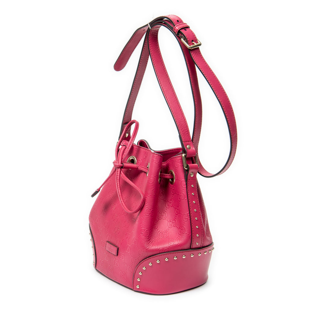 Shoulder Bag Small Drawstring Bucket Bag Fuchsia Pink Diamante GG Leather