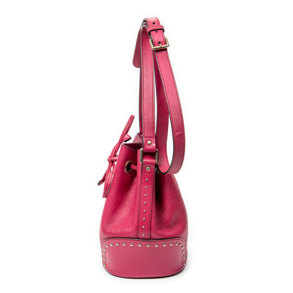 Shoulder Bag Small Drawstring Bucket Bag Fuchsia Pink Diamante GG Leather