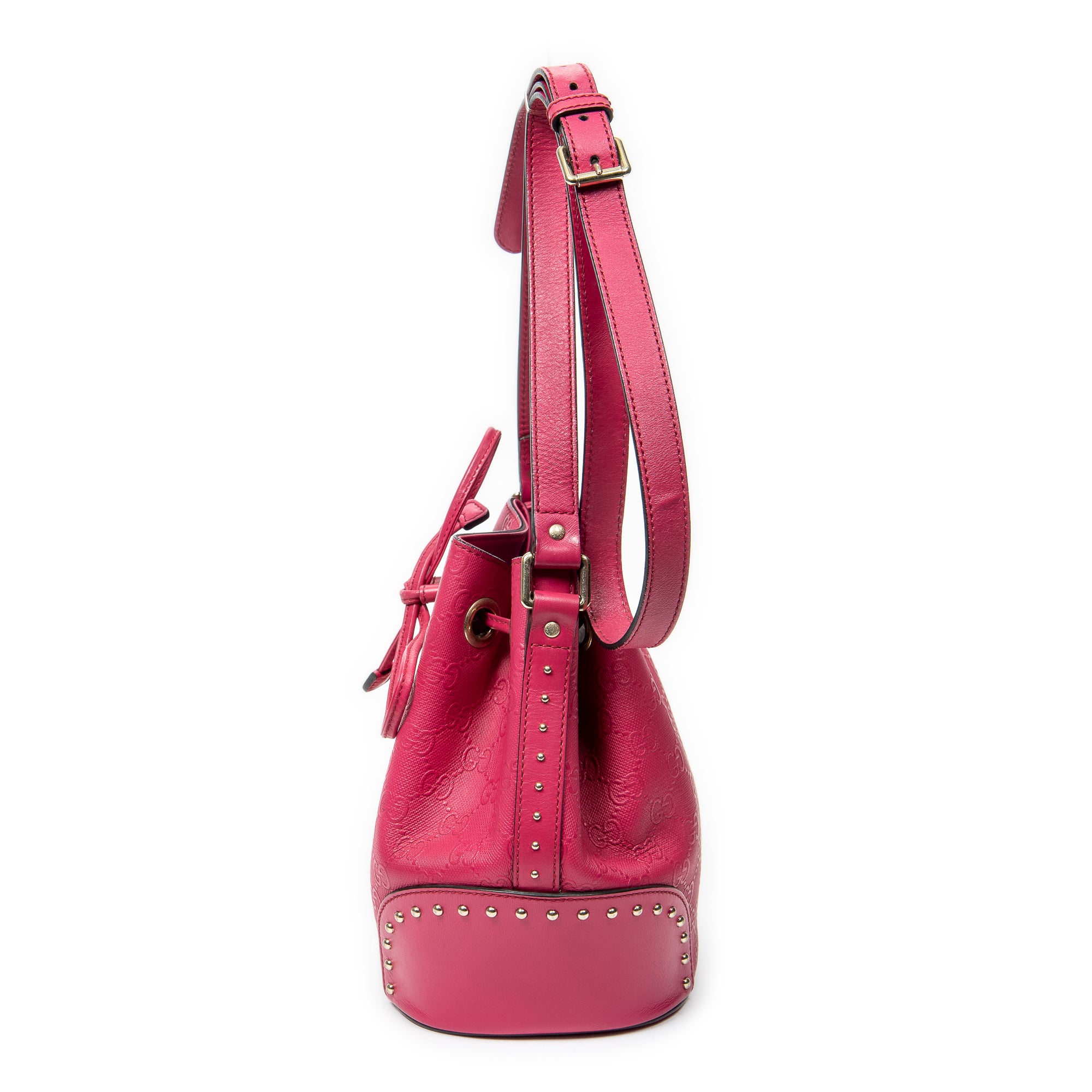 Shoulder Bag Small Drawstring Bucket Bag Fuchsia Pink Diamante GG Leather