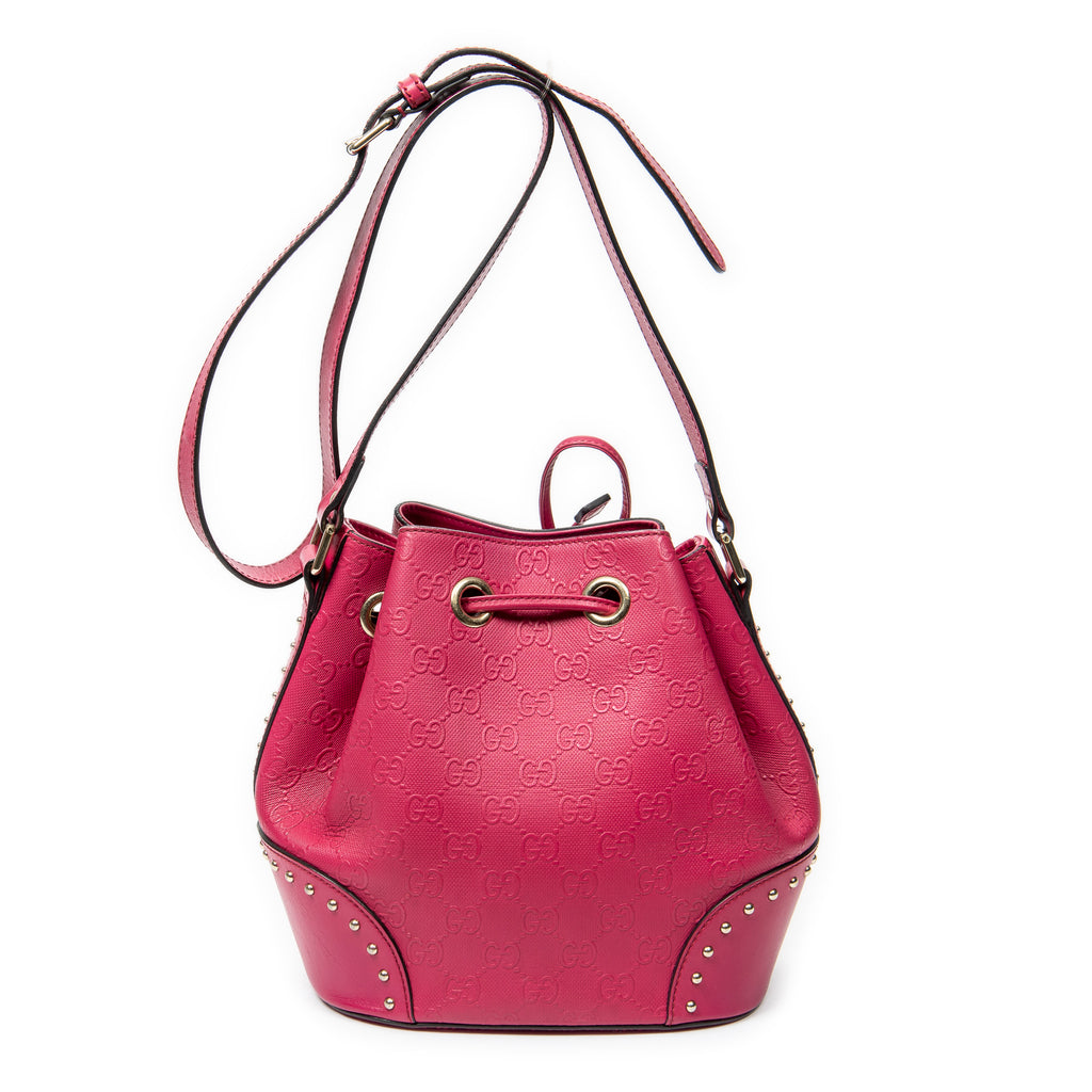 Shoulder Bag Small Drawstring Bucket Bag Fuchsia Pink Diamante GG Leather