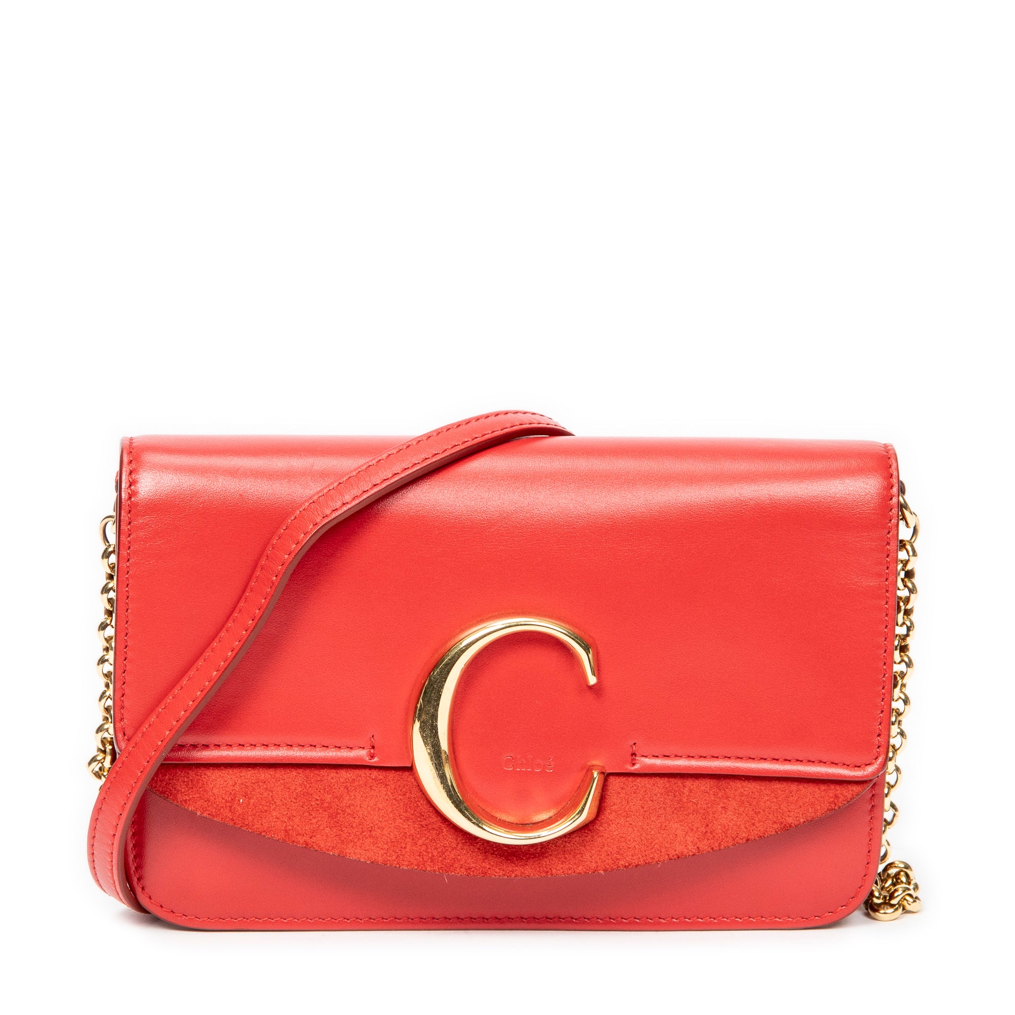 Shoulder Bag C Chain Clutch Red Calfskin Leather