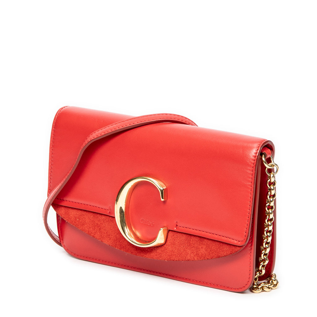 Shoulder Bag C Chain Clutch Red Calfskin Leather