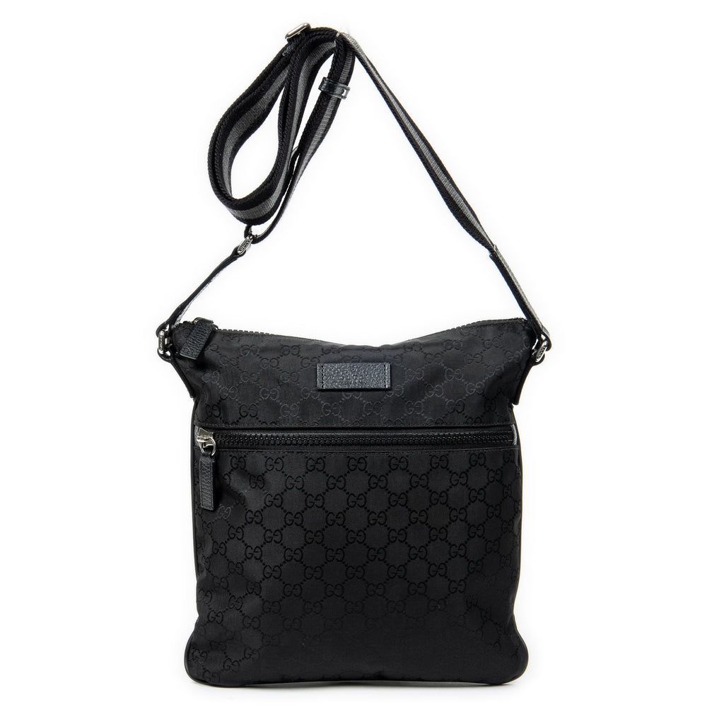 Shoulder Bag Zip Messenger Crossbody Black Monogrammed Nylon Canvas