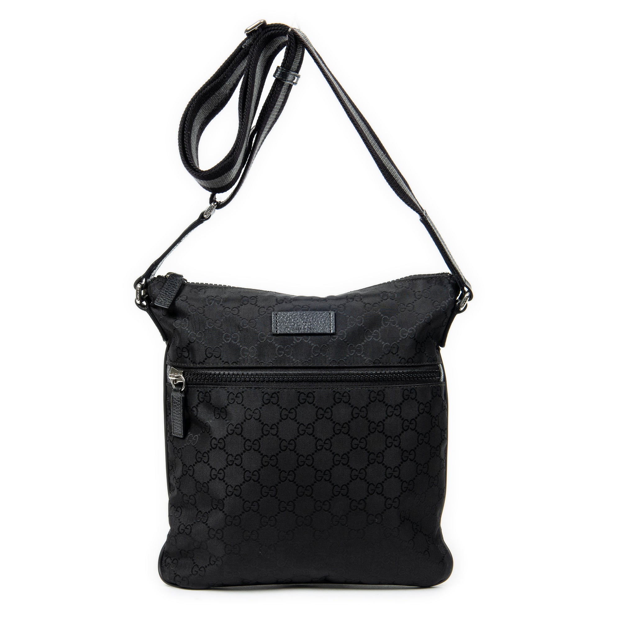 Shoulder Bag Zip Messenger Crossbody Black Monogrammed Nylon Canvas