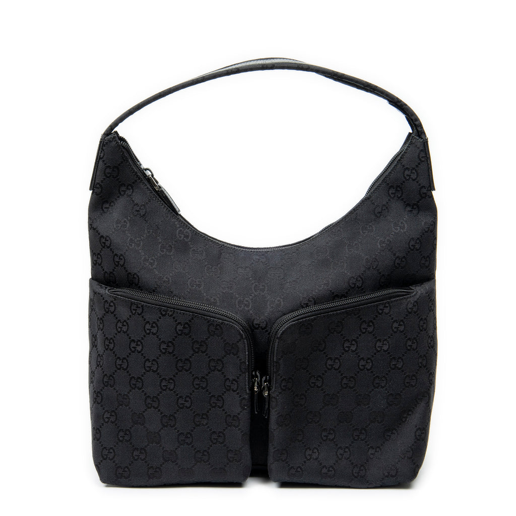 Shoulder Bag Double Pocket Hobo Black Monogrammed Canvas