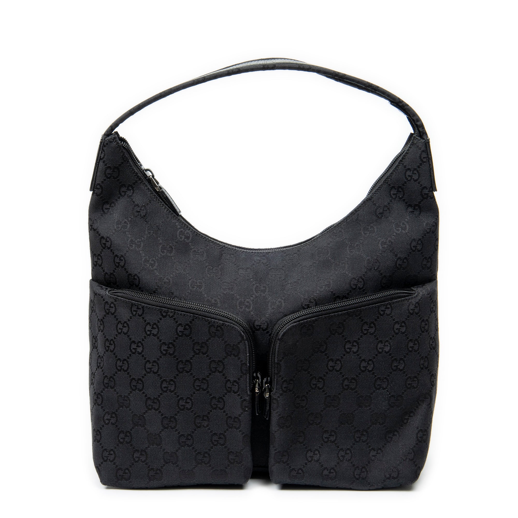 Shoulder Bag Double Pocket Hobo Black Monogrammed Canvas