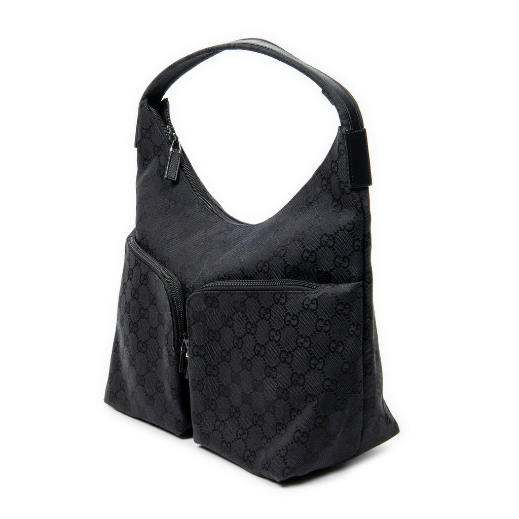 Shoulder Bag Double Pocket Hobo Black Monogrammed Canvas
