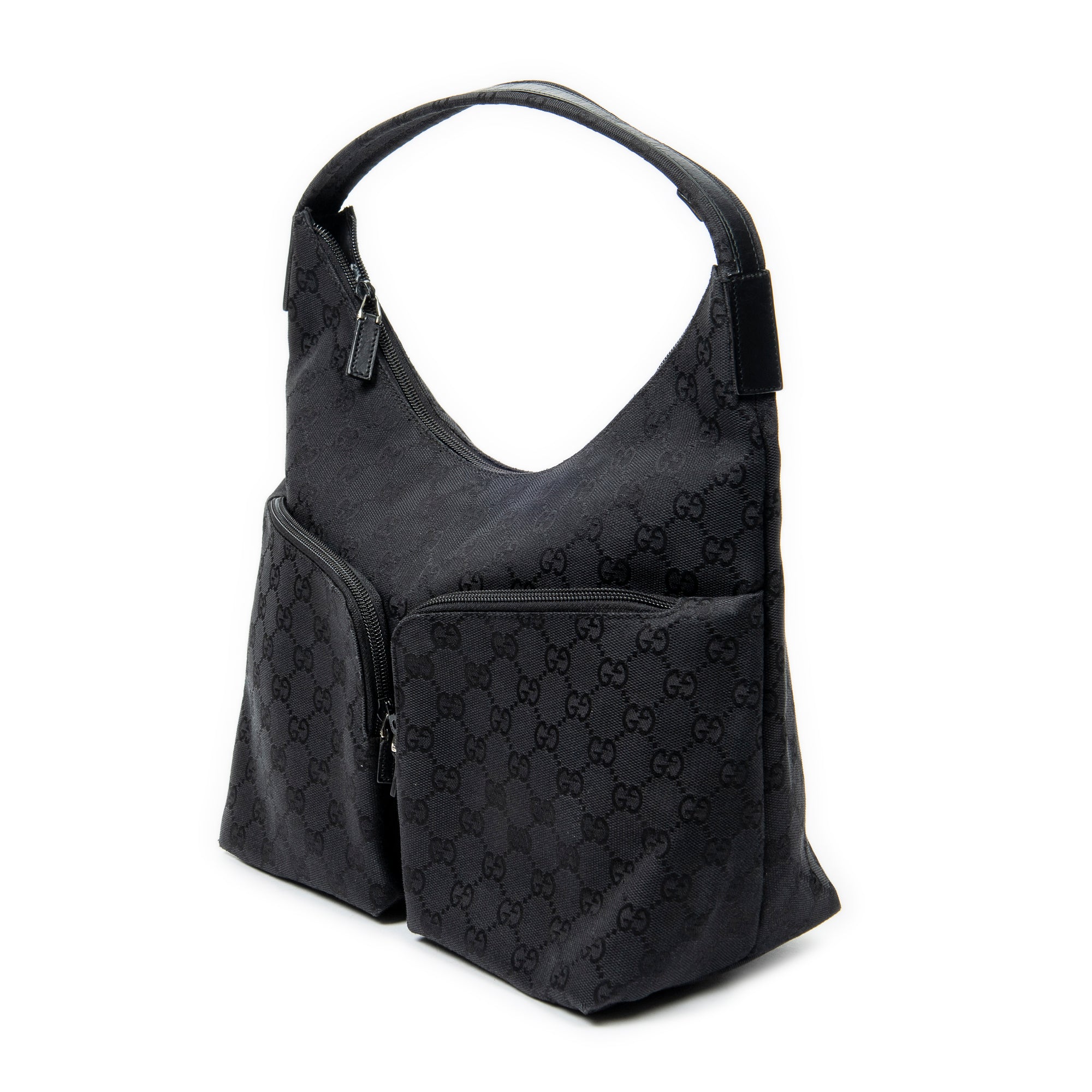 Shoulder Bag Double Pocket Hobo Black Monogrammed Canvas