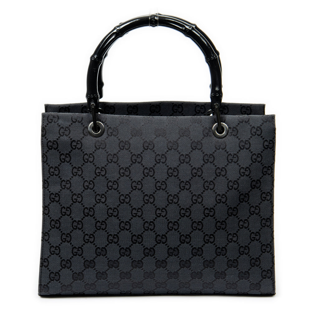 Shoulder Bag Square Bamboo Tote Black Monogrammed Canvas