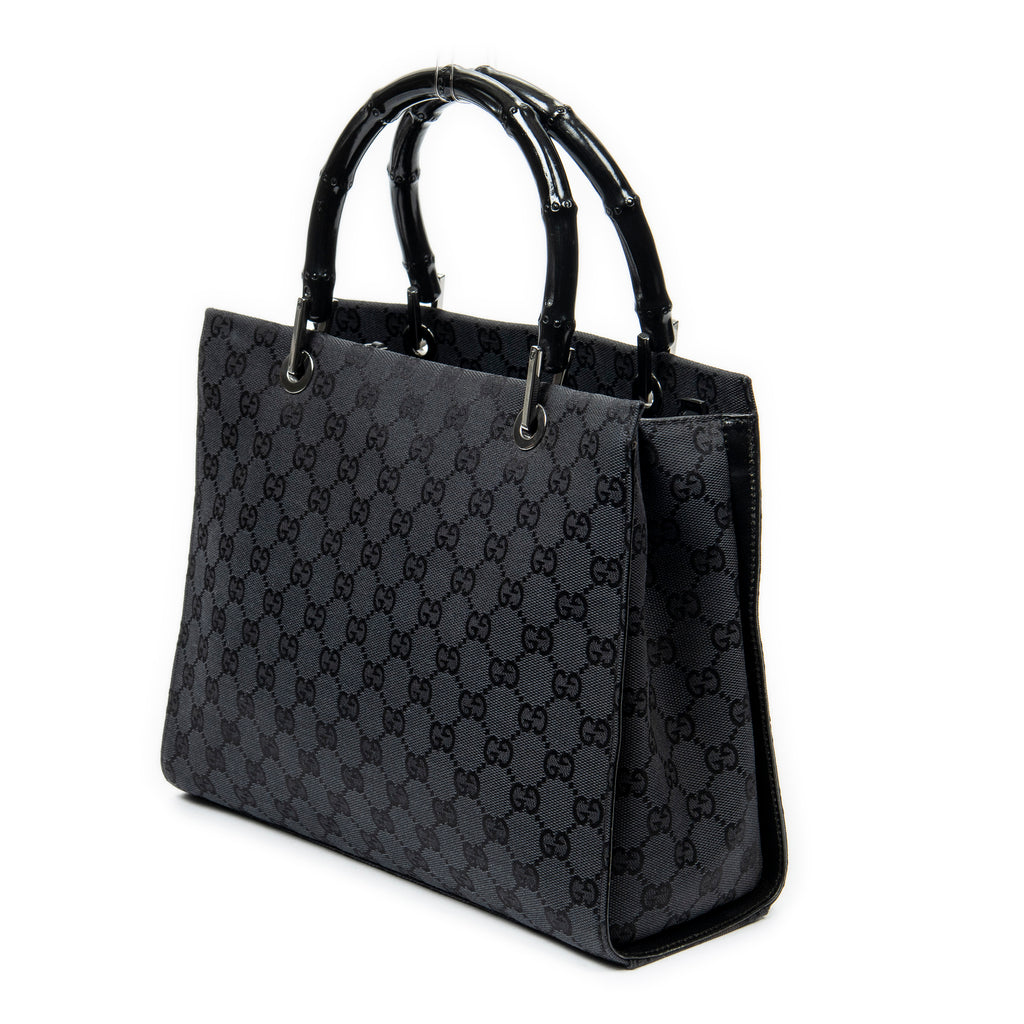Shoulder Bag Square Bamboo Tote Black Monogrammed Canvas