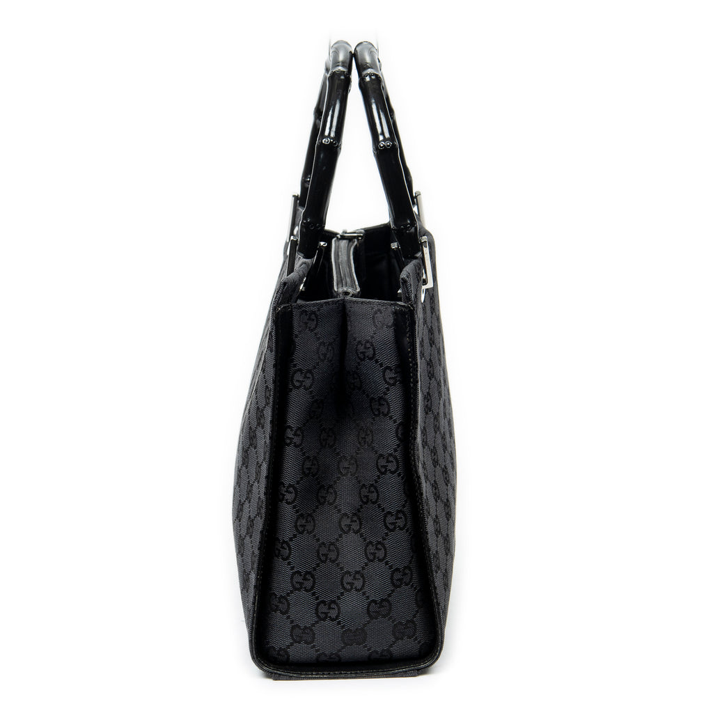 Shoulder Bag Square Bamboo Tote Black Monogrammed Canvas