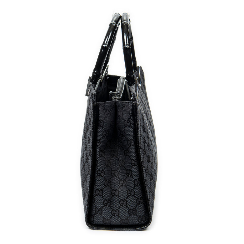Shoulder Bag Square Bamboo Tote Black Monogrammed Canvas