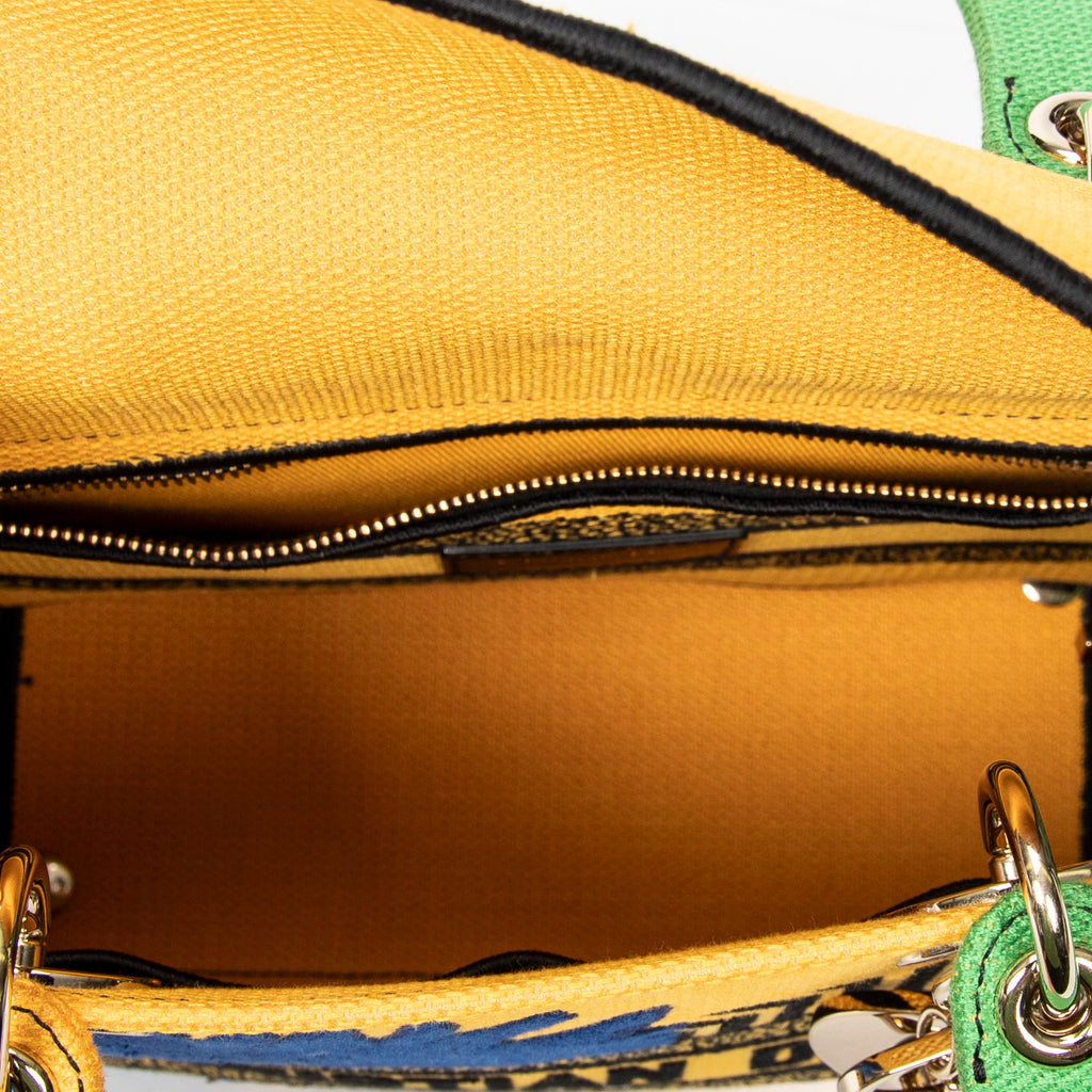 Shoulder Bag Medium Lady D-Lite Yellow Embroidered Canvas