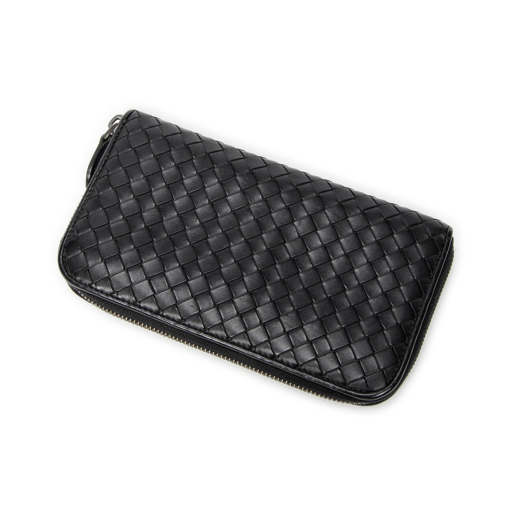 Wallet Zip Around Wallet Black Intrecciato Leather