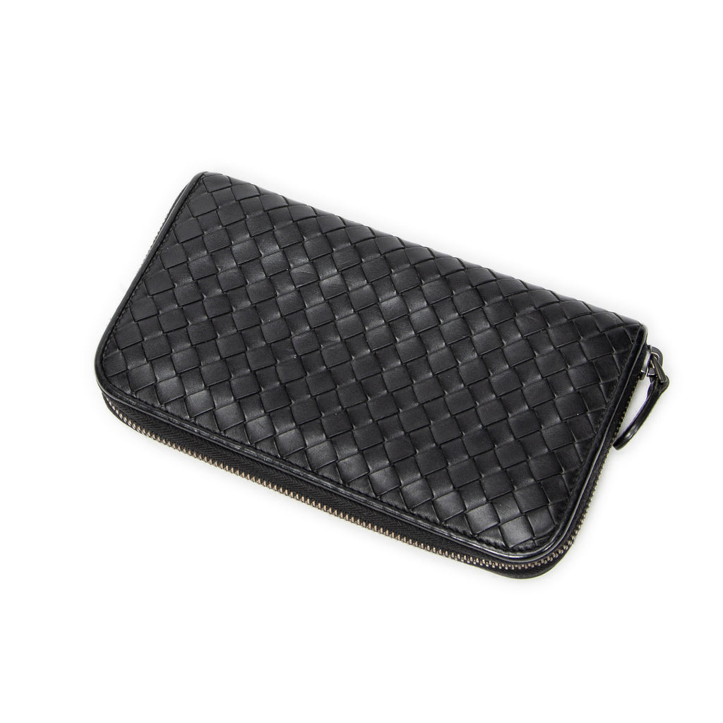 Wallet Zip Around Wallet Black Intrecciato Leather