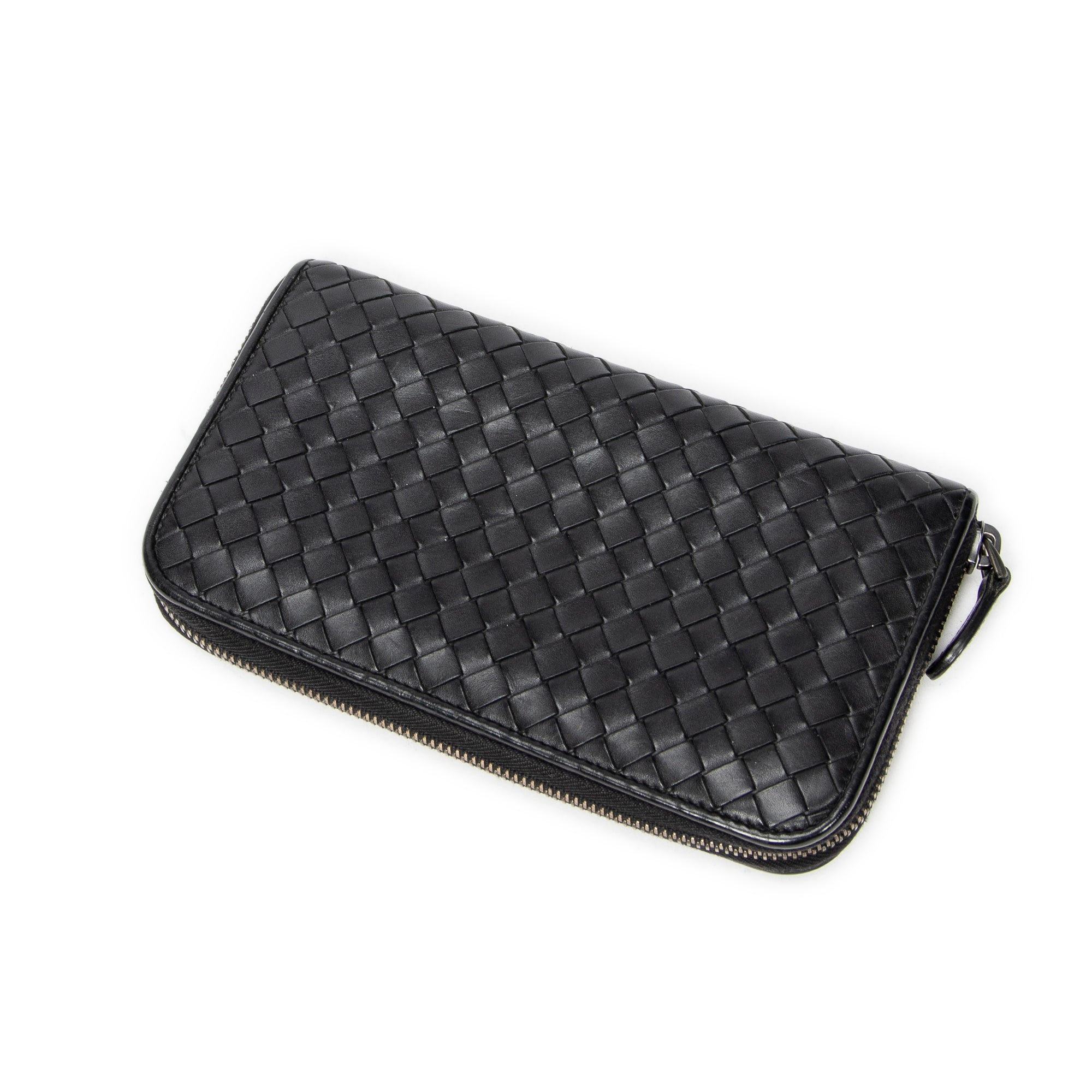 Wallet Zip Around Wallet Black Intrecciato Leather