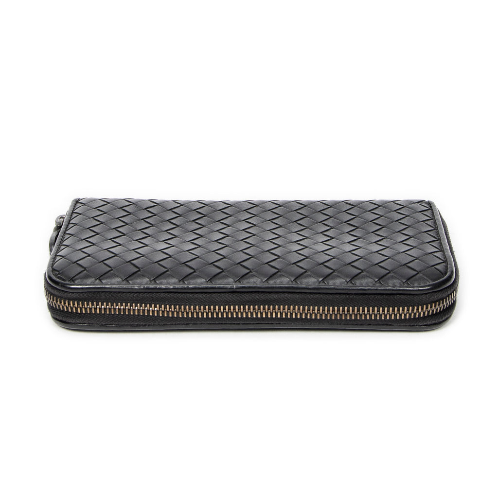 Wallet Zip Around Wallet Black Intrecciato Leather
