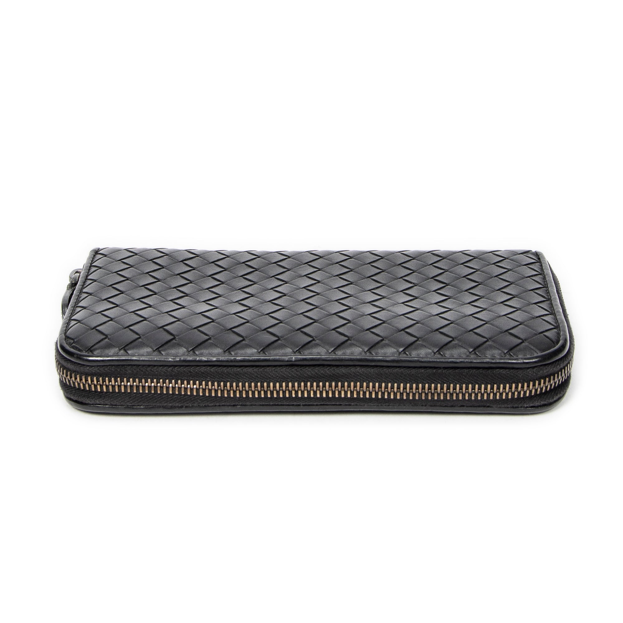 Wallet Zip Around Wallet Black Intrecciato Leather