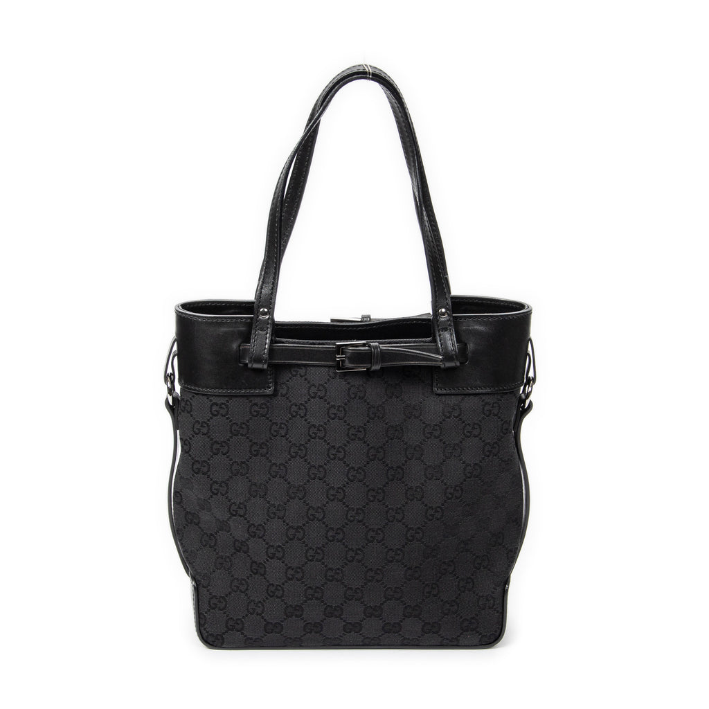 Bolso de hombro, bolso tote alto con cinturón, lona negra monogramada
