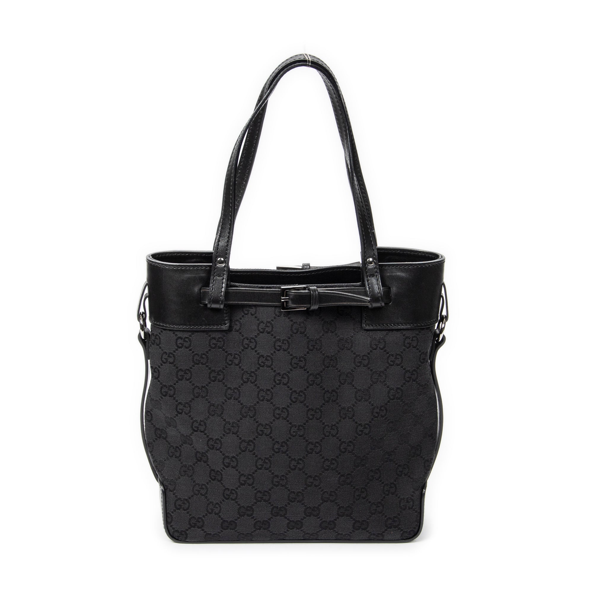 Bolso de hombro, bolso tote alto con cinturón, lona negra monogramada