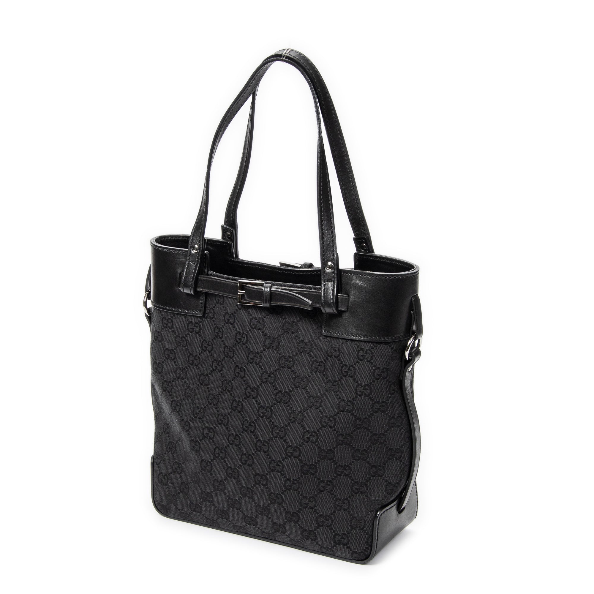 Bolso de hombro, bolso tote alto con cinturón, lona negra monogramada