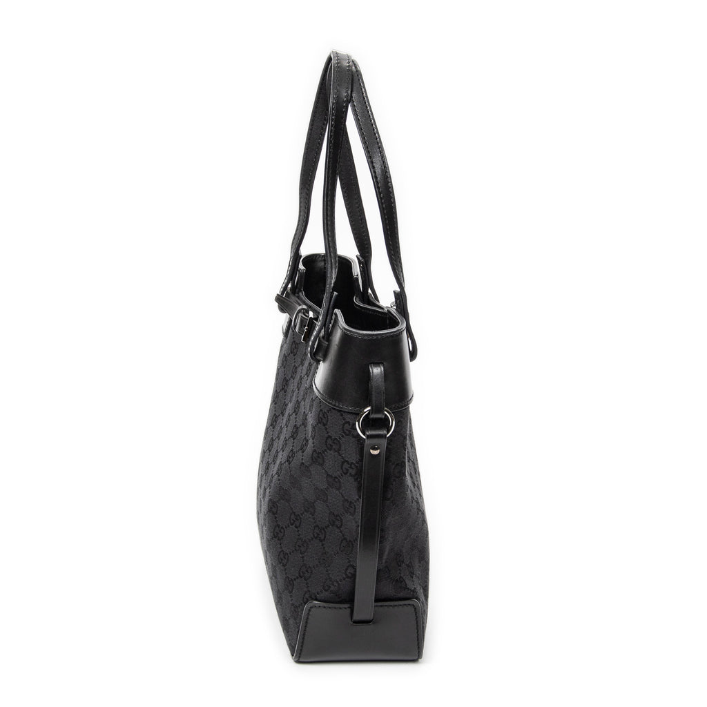 Bolso de hombro, bolso tote alto con cinturón, lona negra monogramada