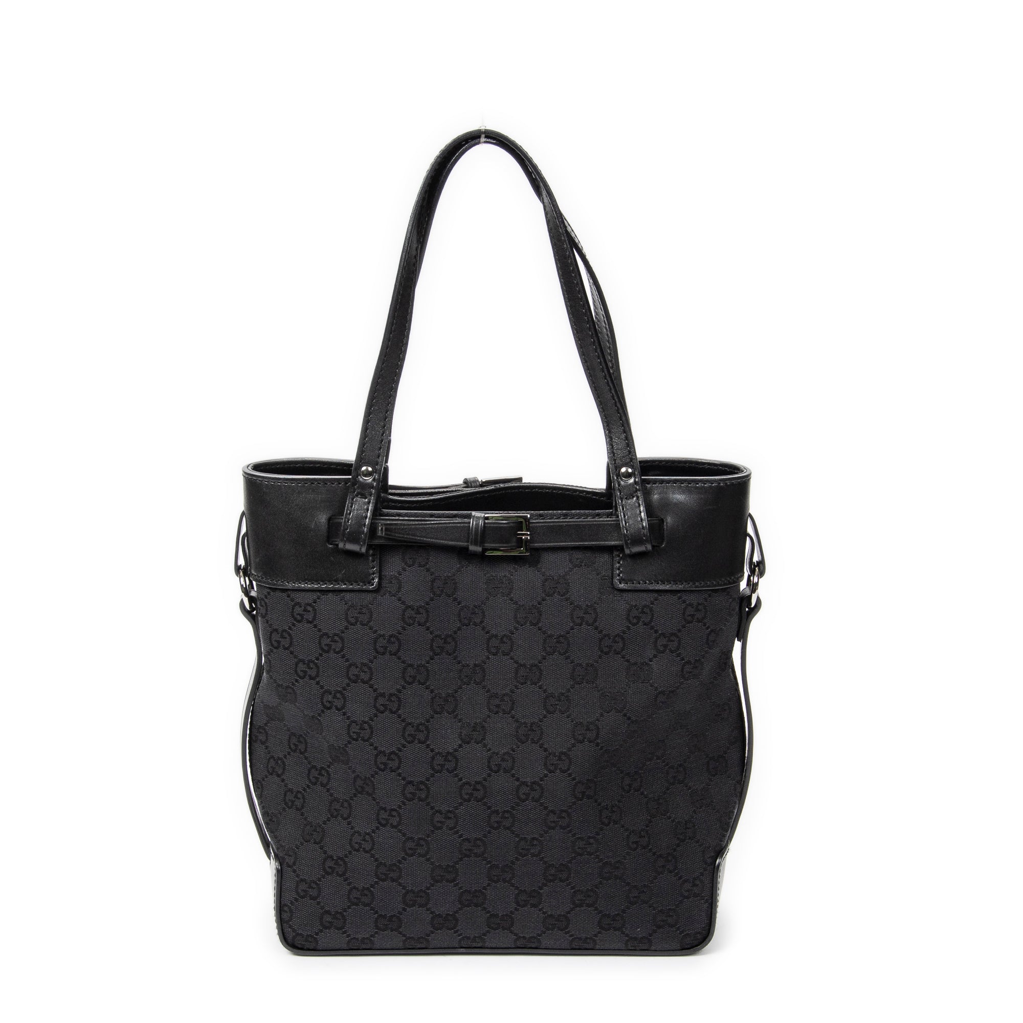 Bolso de hombro, bolso tote alto con cinturón, lona negra monogramada
