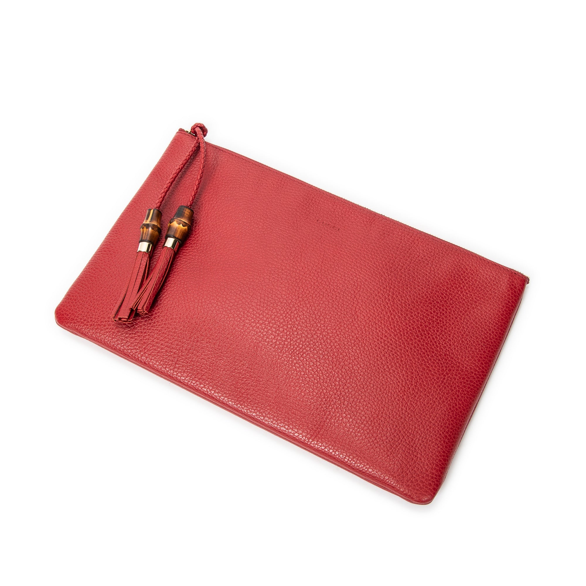Clutch Bamboo Tassel Zip Clutch Red Grained Calfskin Leather
