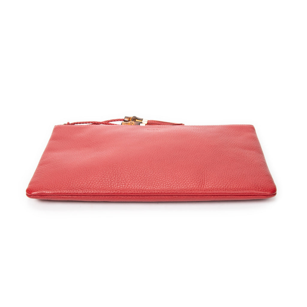 Clutch Bamboo Tassel Zip Clutch Red Grained Calfskin Leather