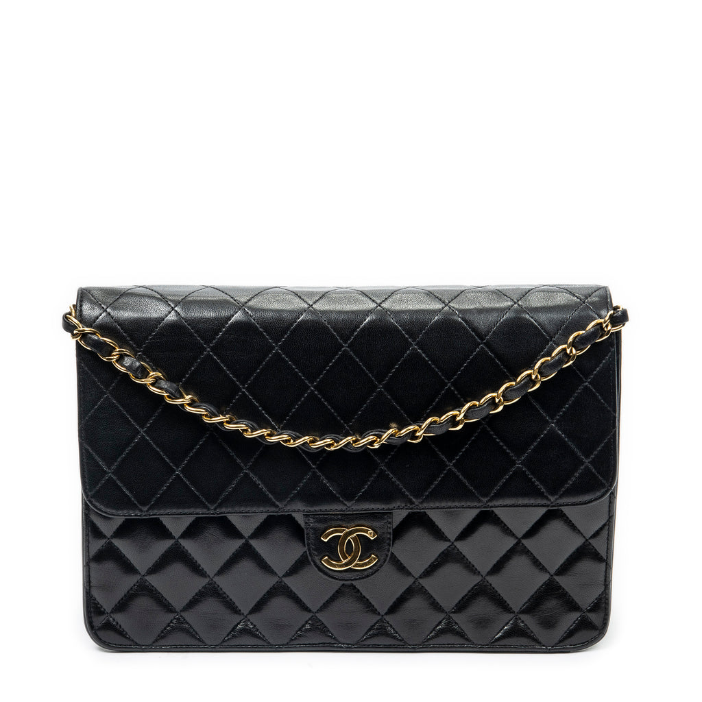 Shoulder Bag Vintage Push Lock Straight Flap Black Quilted Lambskin Leather