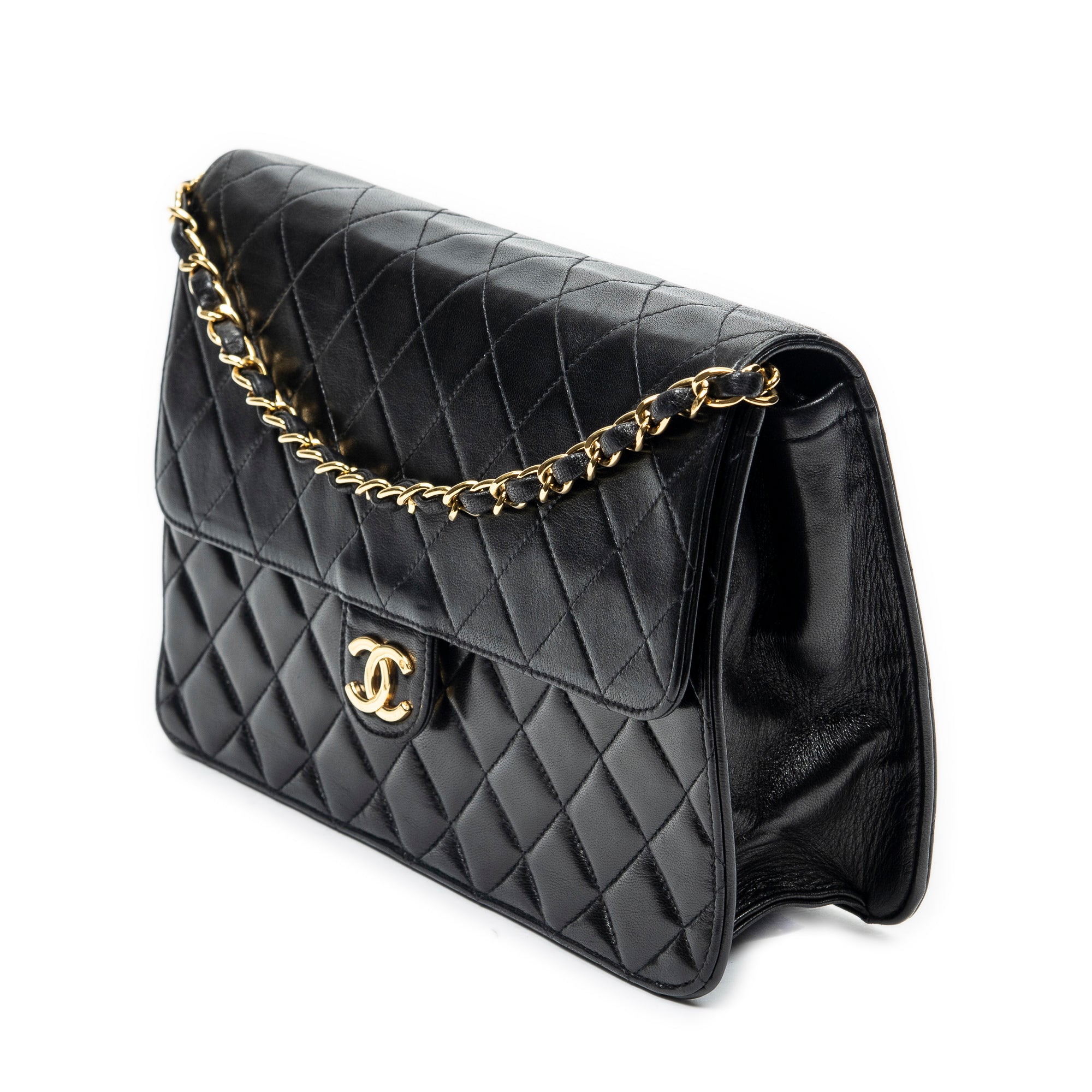 Shoulder Bag Vintage Push Lock Straight Flap Black Quilted Lambskin Leather