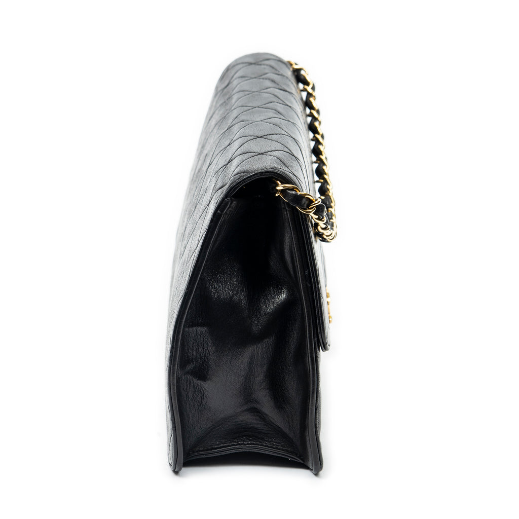 Shoulder Bag Vintage Push Lock Straight Flap Black Quilted Lambskin Leather