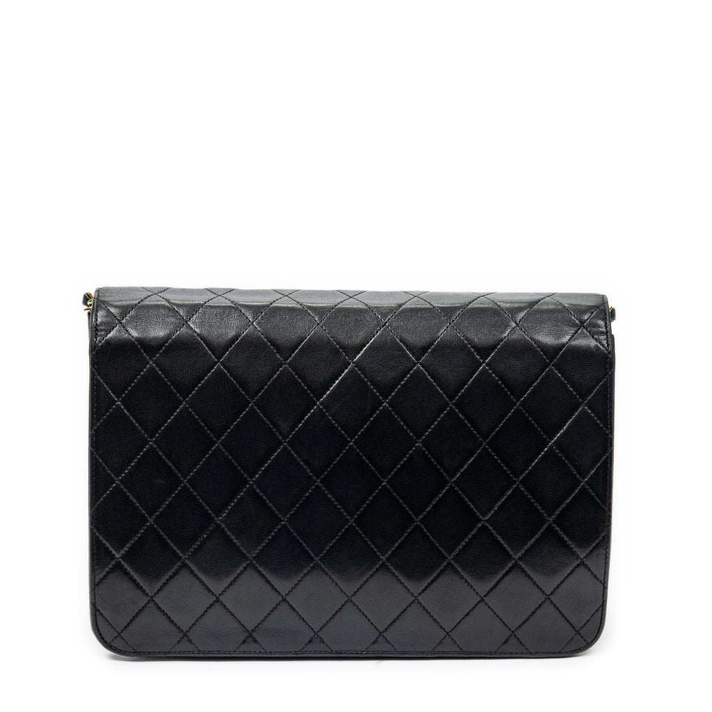 Shoulder Bag Vintage Push Lock Straight Flap Black Quilted Lambskin Leather