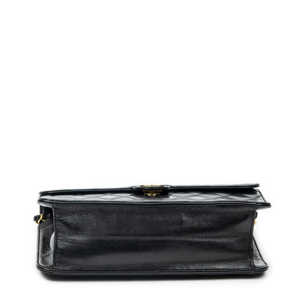 Shoulder Bag Vintage Push Lock Straight Flap Black Quilted Lambskin Leather