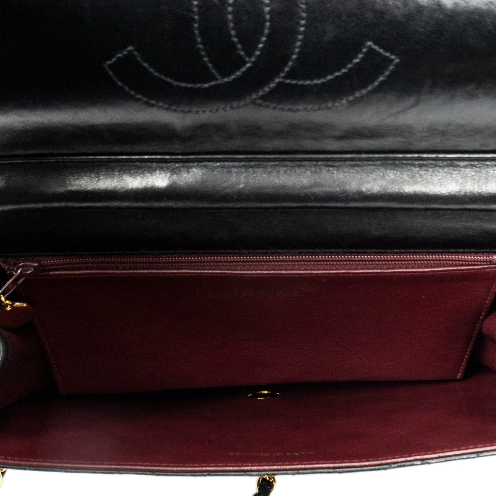 Shoulder Bag Vintage Push Lock Straight Flap Black Quilted Lambskin Leather