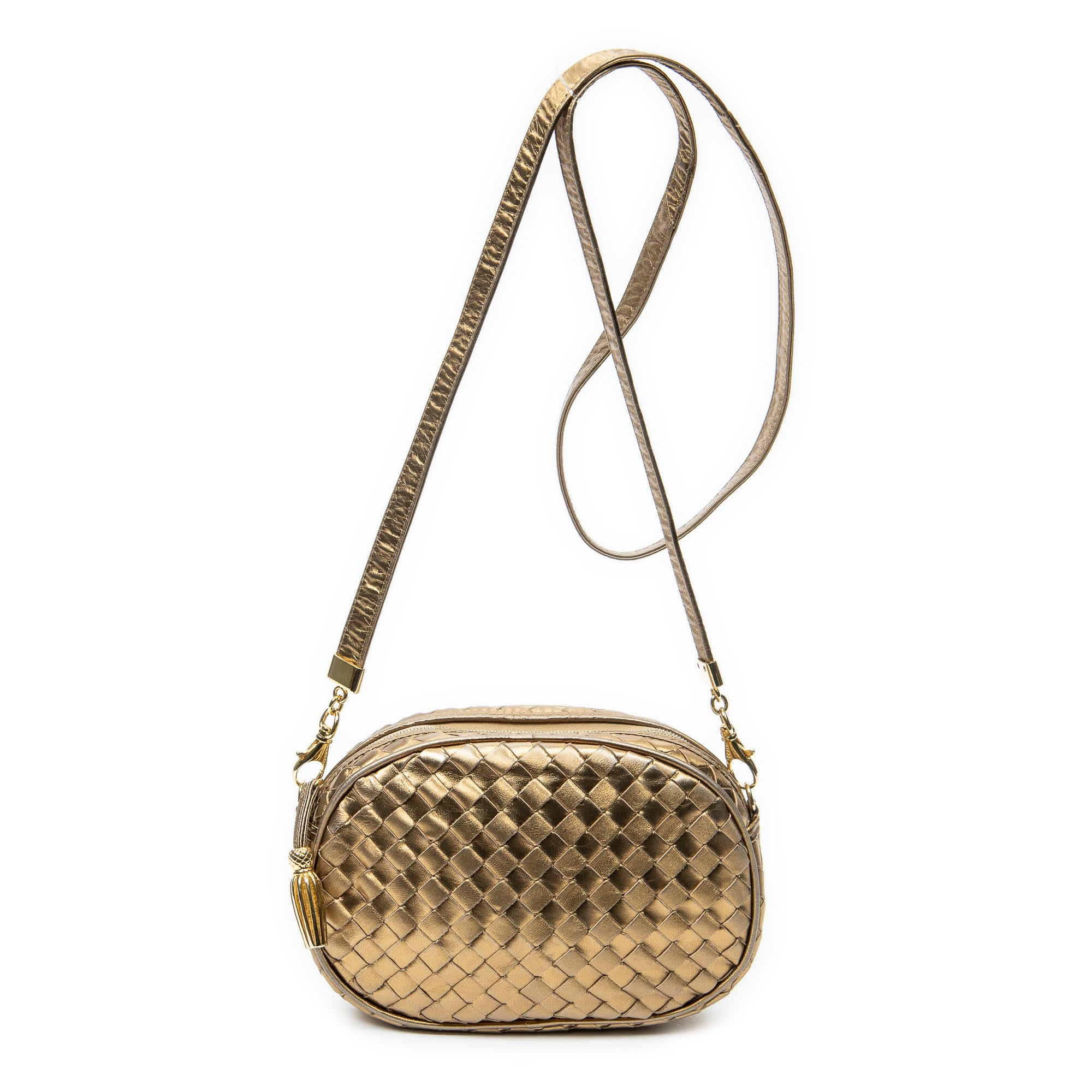 Shoulder Bag Vintage Camera Crossbody Gold Intrecciato Leather