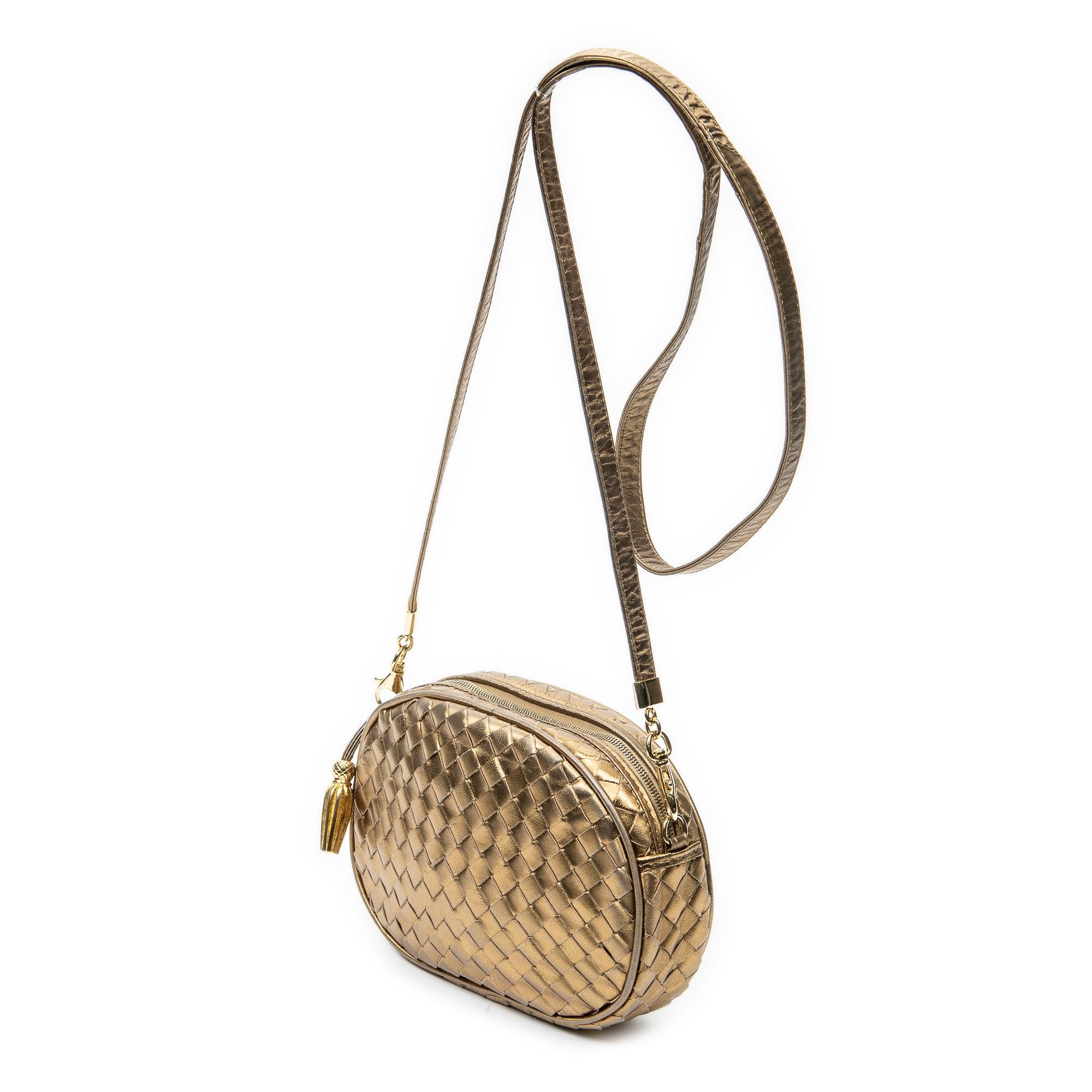 Shoulder Bag Vintage Camera Crossbody Gold Intrecciato Leather