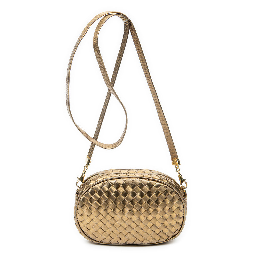 Shoulder Bag Vintage Camera Crossbody Gold Intrecciato Leather