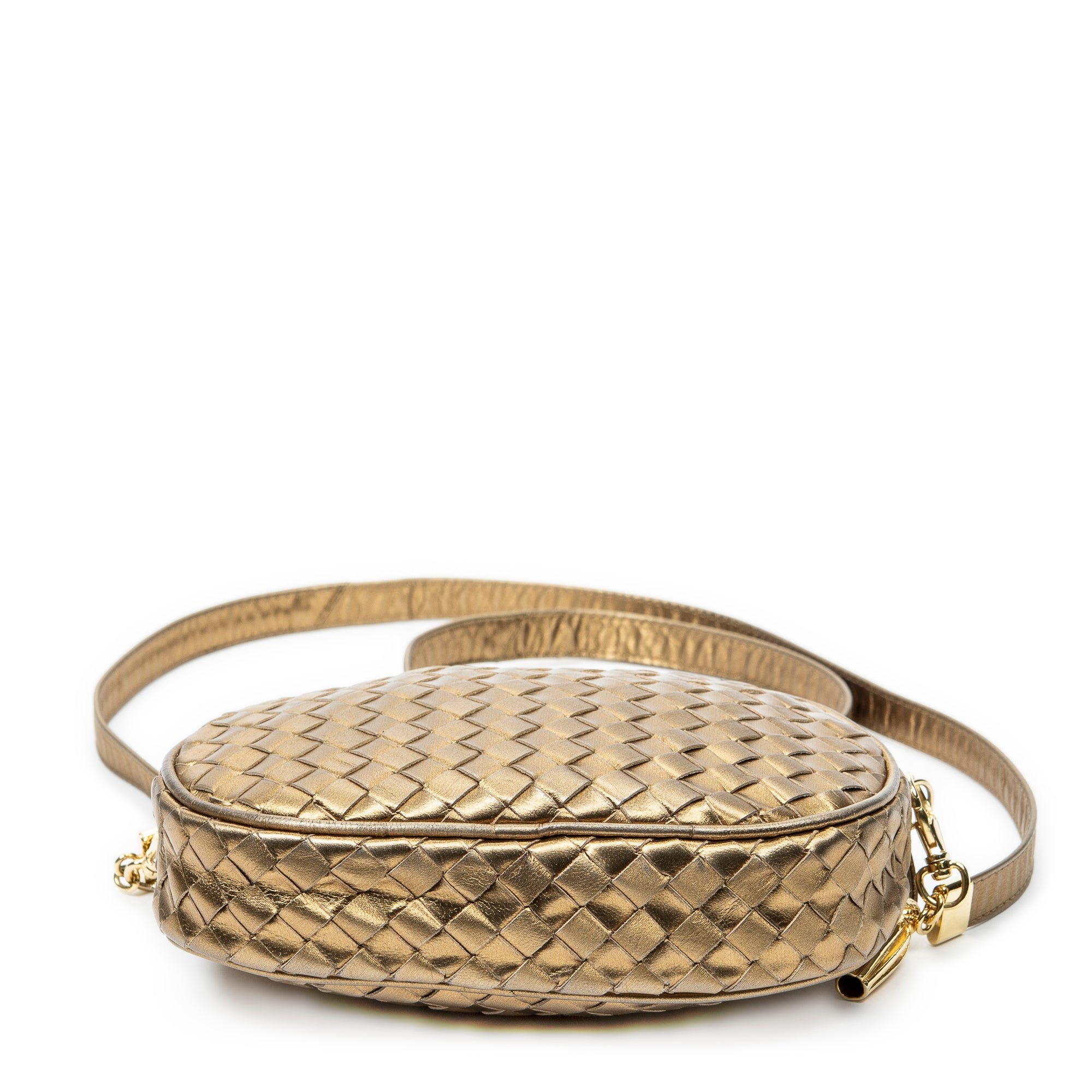 Shoulder Bag Vintage Camera Crossbody Gold Intrecciato Leather