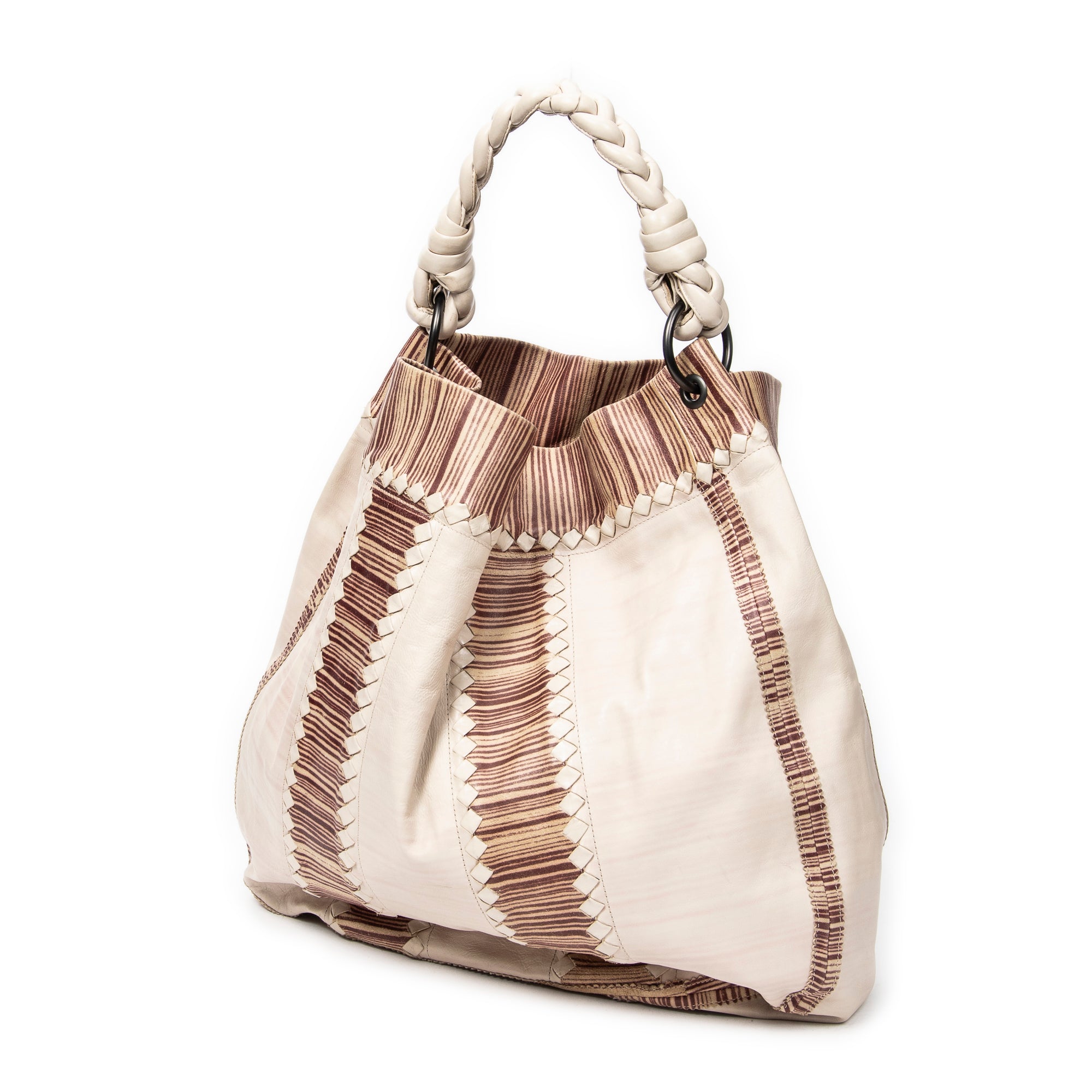 Shoulder Bag Large Braided Handle Hobo Beige Trimmed Intrecciato Leather