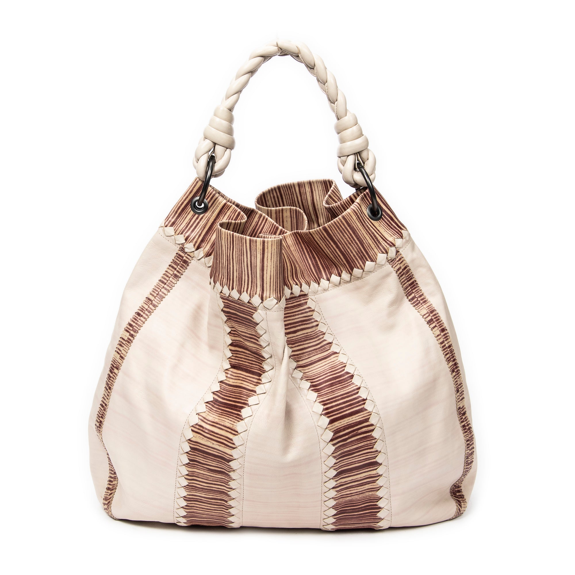 Shoulder Bag Large Braided Handle Hobo Beige Trimmed Intrecciato Leather