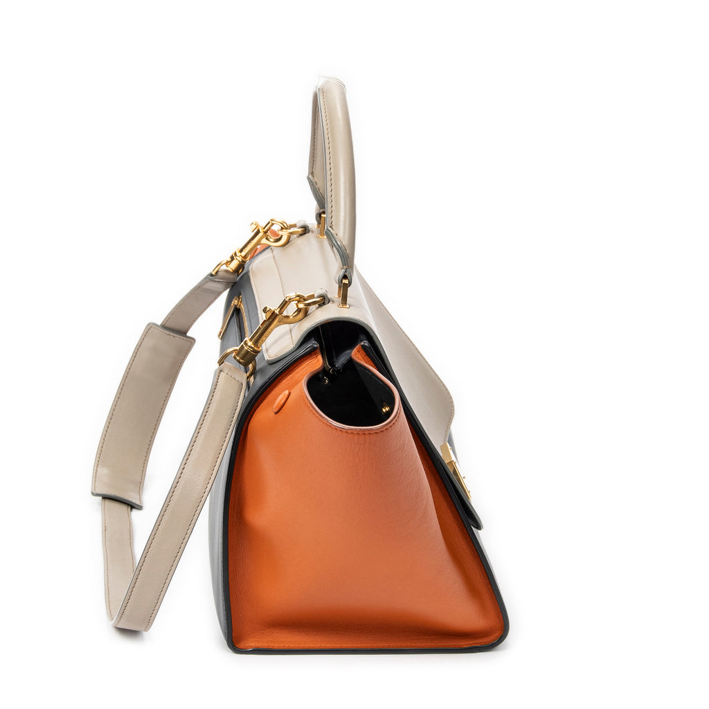 Bolso de Hombro Pequeño Trapecio Tricolor Piel de Becerro Gris