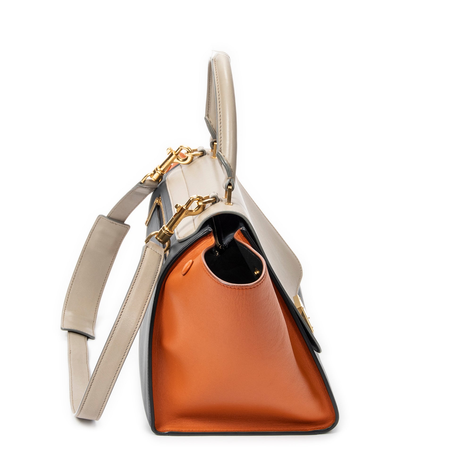 Bolso de Hombro Pequeño Trapecio Tricolor Piel de Becerro Gris