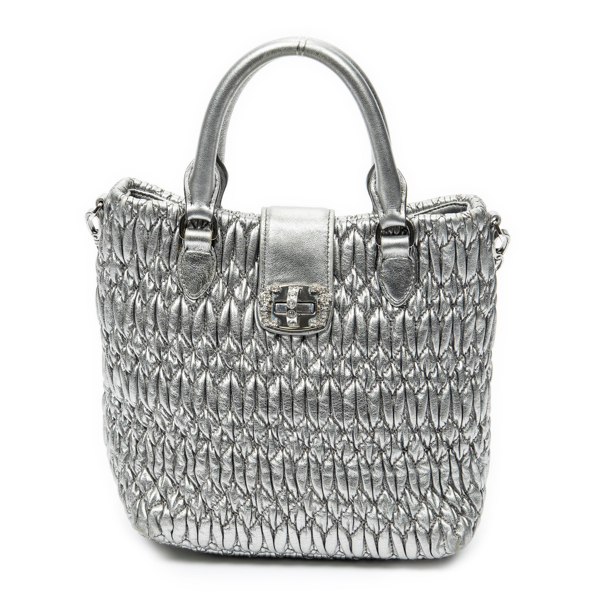 Handbag Small Turn Lock Crystal Tote Metallic Silver Nappa Matelasse Leather